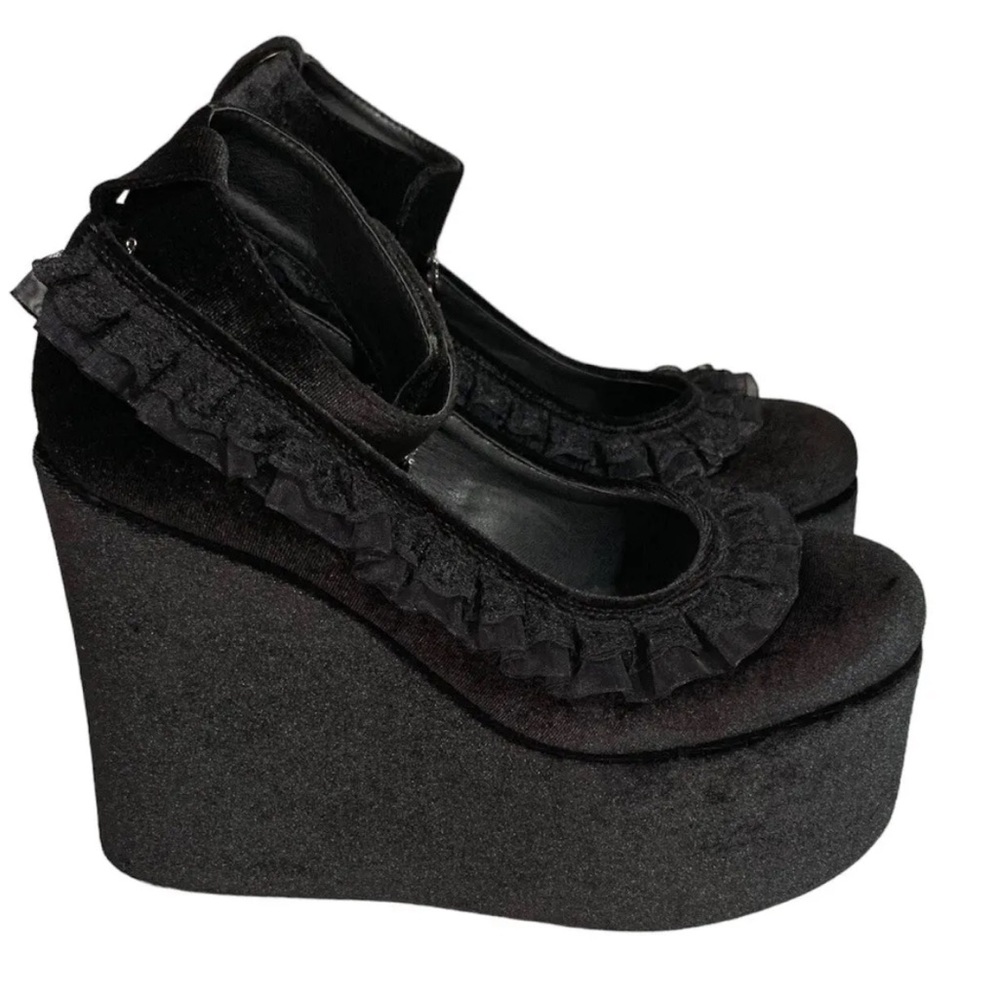 Black Ruffle Trim Platform Wedge Heels - Women